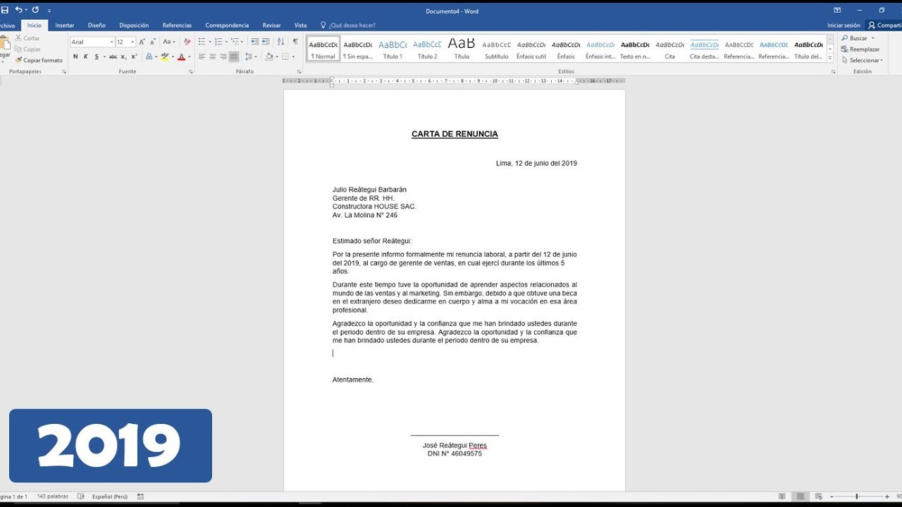 carta de renuncia voluntaria word